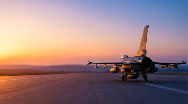 A fighter jet stands on the runway at a military airfield. The sun sets in the background, casting a warm glow over the landscape and the aircraft