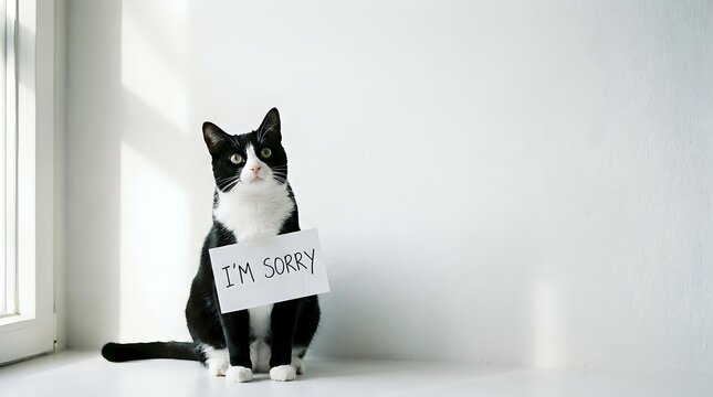Black and white tuxedo cat sitting by window holding apologetic sign, expressing remorse and guilt for pet behavior problems and mischief.