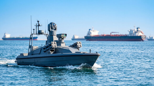 A small military drone water type unmanned vehicle is seen moving through water. In the background, there are large oil tankers on the horizon under a clear sky.