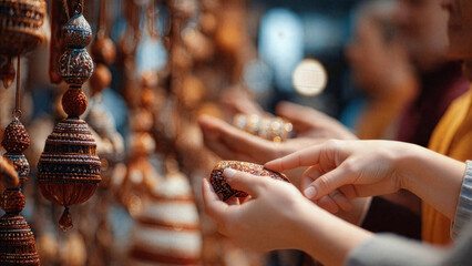 Obraz premium A close-up shot of a tourist's hands carefully holding and examining intricate, beaded handmade ornaments at a bustling traditional market stall filled with cultural souvenirs.