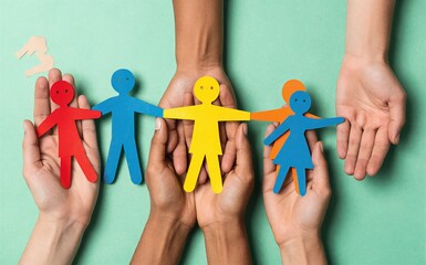 Fototapeta premium Hands hold colorful paper people symbolizing unity and diversity.