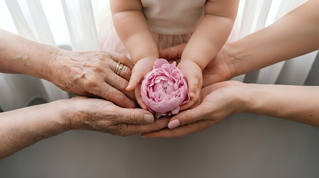 Multigenerational hands holding pink peony flower together symbolizing family unity, love and care across generations in tender moment.