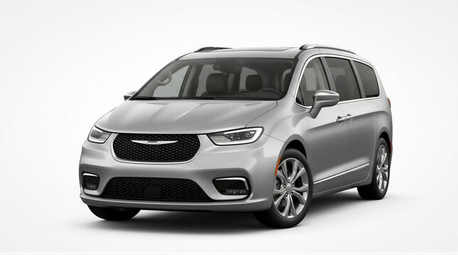 A front view of a silver minivan against a white backdrop.