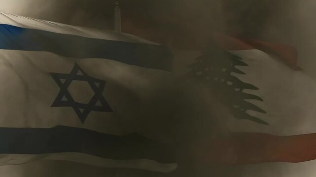 flags of israel and lebanon waving with thick dark smoke on background as concept of geopolitical regional tension