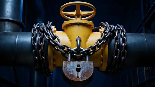 close up of yellow industrial valve on pipe wrapped in heavy chains with rusty padlock as energy blockade concept