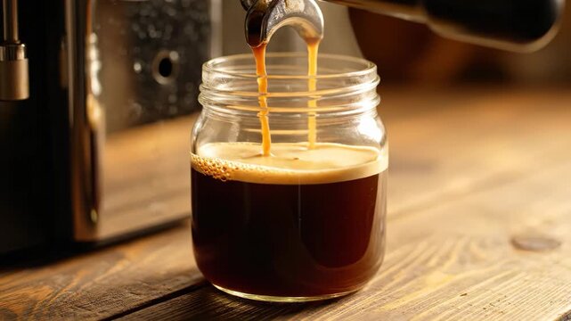 Close-up of coffee pouring into a glass mason jar on wooden table