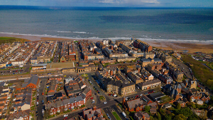 Fototapeta premium Wide aerial shot of Saltburn coastline and Victorian town center