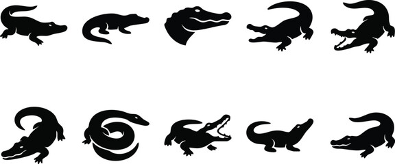 Obraz premium Ten Black Alligator Silhouettes Arranged in Two Rows.