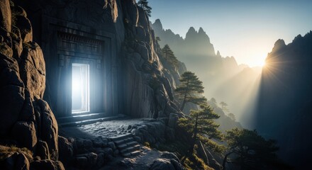 Obraz premium Mystical Stone Portal in Mountain Landscape at Sunrise