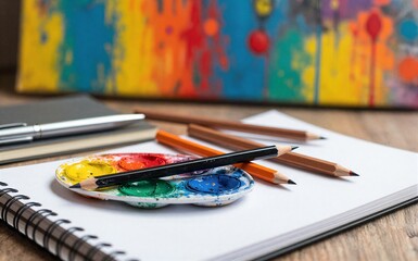 Fototapeta premium Colorful paint palette pencils and sketchbook on a creative art desk.