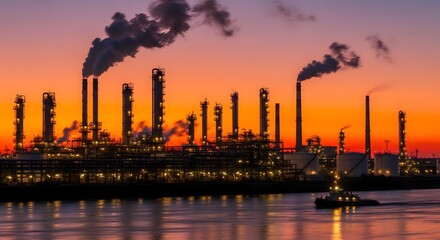 Naklejka premium Industrial oil refinery complex silhouetted against a dramatic sunset sky, with a tugboat passing on the water.