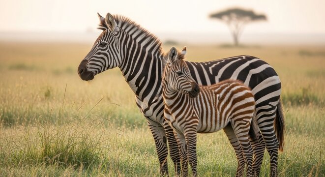 Zebra and Foal Standing in Savanna Grassland.