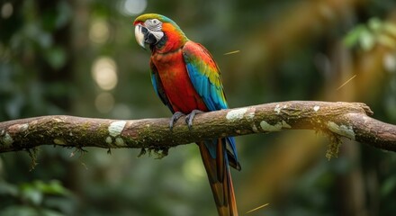 Obraz premium Colorful Macaw Parrot Perched on Branch in Forest.
