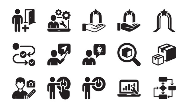 Business process management and professional workflow icon set with business