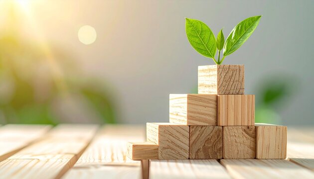 Resource allocation efficiency concept with stacked wooden blocks and green sprout