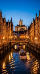 Fototapeta premium Gents Canal at Twilight - A Belgian Waterway Scene.