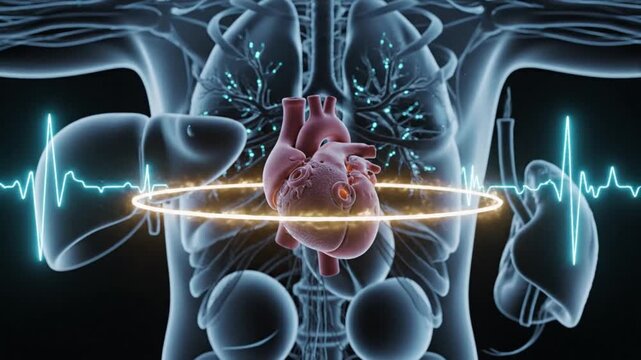 Future of Wearable Tech and Cardiovascular AI Diagnostics, Transparent Human Body with Glowing Heart Hologram and EKG Line