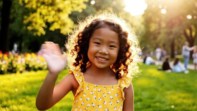 Cheerful young female child with bouncy ringlets smiling at camera in lush green urban park during radiant golden hour sunlight of summer or spring afternoon with soft bokeh nature backdrop.