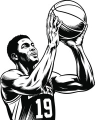 Basketball Player Shooting Ball Black and White Illustration © DOT CANVAS