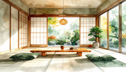Fototapeta premium A minimalist watercolor illustration of a Korean-style interior with floor seating and a low table. Soft natural light filters through a curtain, creating gentle shadows and calm atmosphere.