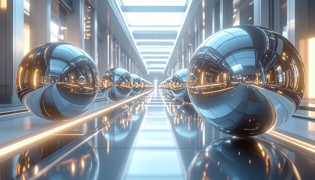 3D Render of Chrome Spheres Arranged Along a Tunnel Corridor with Dramatic Perspective