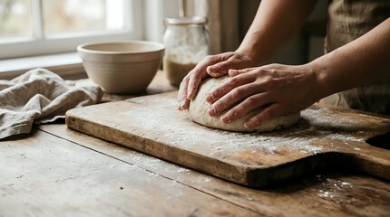 Fototapeta premium Hands kneading dough on wooden board in rustic kitchen. Traditional bread making process with flour dust. Homemade baking and cooking preparation concept.