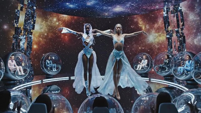 Elegant women in futuristic cosmic dresses dancing in space