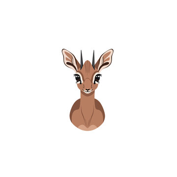 Charming vector illustration of a dik-dik antelope head, showcasing its distinctive features, expressive eyes, and delicate horns, ideal for wildlife and nature designs