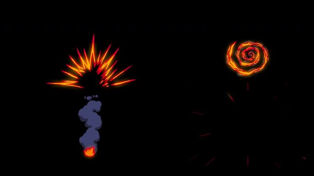 Cartoon Fire Explosions and Smoke VFX Animation on Black Background