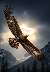 Fototapeta premium Golden Eagle Soaring Through Mountain Skies - A Majestic Flight.