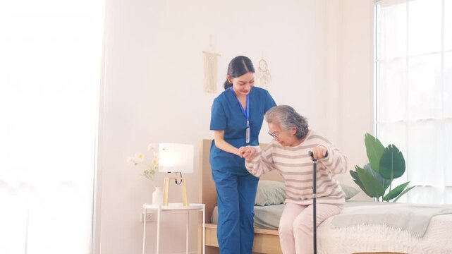 Caregiver assisting senior woman using walker at home, elderly mobility support and rehabilitation care, nursing service, physical therapy and recovery, helping improve independence and daily movement