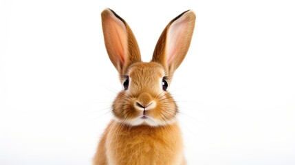Fototapeta premium Front-facing brown rabbit with alert ears looking directly at the camera against a pure white background