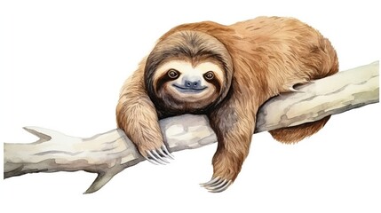 Obraz premium Gentle brown tree-dwelling sloth comfortably stretched along a light-gray branch