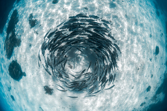 Large school of trevally fish forming a swirling bait ball above a coral reef in the clear blue water of Lady Elliot Island, Great Barrier Reef, Queensland, Australia.