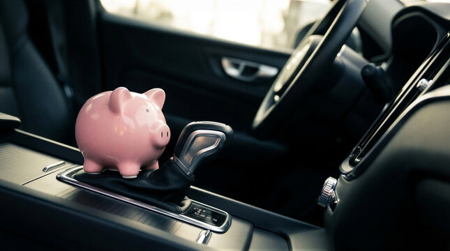 A pink piggy bank sitting on the dashboard of a car.