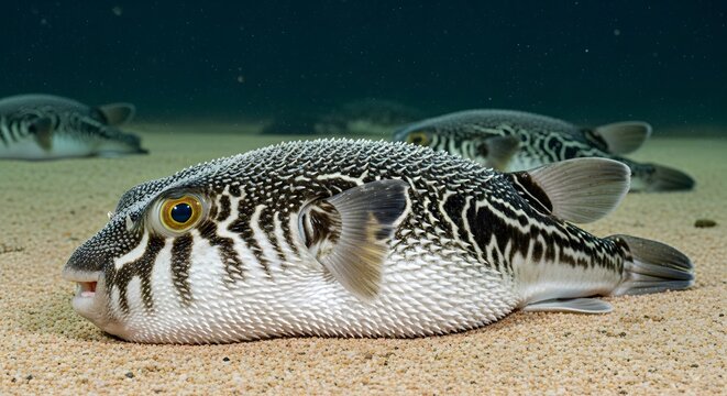 Close-up of a striped pufferfish resting on the sandy seabed, with more fish in the soft focus background underwater.