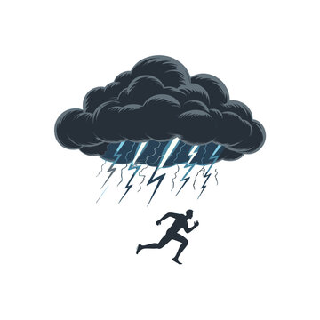A silhouetted person runs from an approaching thunderstorm.