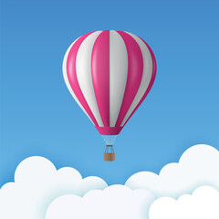 Obraz premium Vector Travel Banner with 3d Realistic White and Pink Hot Air Balloon Icon on a Blue Sky Background. Design Template, Summer Vacation, Travelling, Tourism and Journey Concept