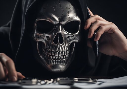 Close-up of Grim Reaper in Skull Mask Talking on Phone. Generative Ai