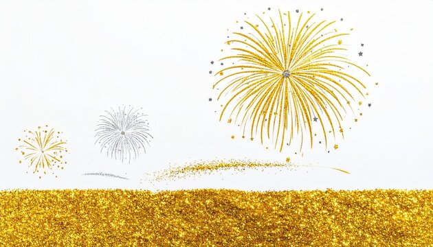Illustration festive avec des feux d'artifice dor&eacute;s et argent&eacute;s &eacute;clatant au-dessus d'une ligne d'horizon en paillettes d'or sur fond blanc.