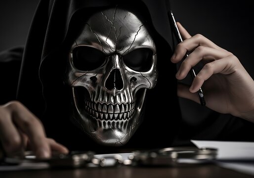 Close-up of Grim Reaper in Skull Mask Talking on Phone. Generative Ai