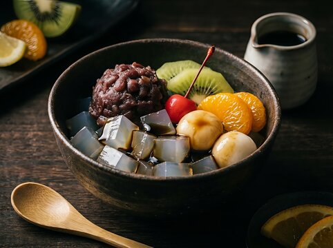 A close up view of a traditional Japanese dessert called Anmitsu, featuring kanten jelly, sweet red bean paste, kiwi, orange, lychee, and a cherry in a dark bowl.