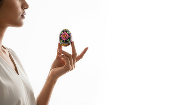 Woman holding decorative novruz, pascoa egg while standing against white background, Ugadi greetings  