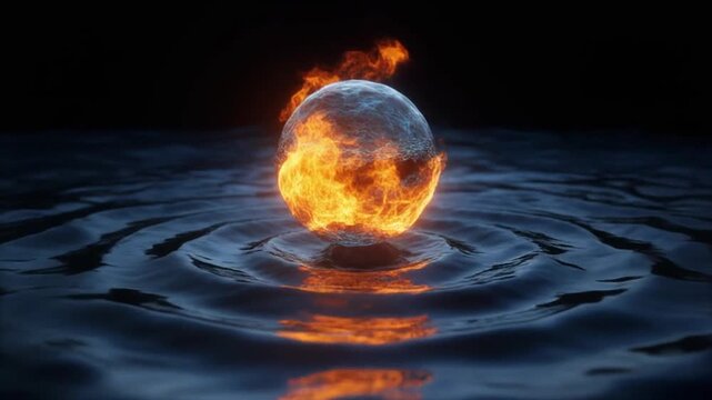 Fiery orb floating on water surface with reflection and ripple effects