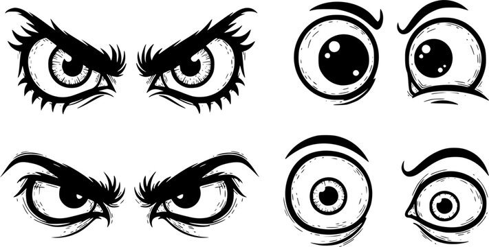 Hand-drawn black ink monster cartoon eyes set with various spooky, evil, and funny expressions in a rough grunge doodle style illustration for creative design elements