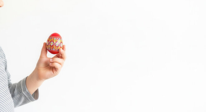 Child holding decorated novruz, pascoa red Easter egg on white background  