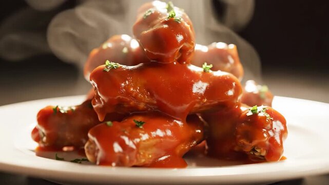 Close-up of steaming hot buffalo chicken wings on a plate