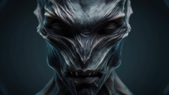 Close-up portrait of a terrifying alien monster with deep blue eyes, wrinkled gray skin and sharp teeth.