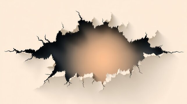 Illustration d'une br&egrave;che b&eacute;ante dans une surface beige avec des bords d&eacute;chir&eacute;s et des fissures r&eacute;v&eacute;lant un espace sombre et lumineux.