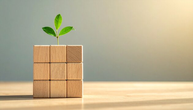 Structured efficiency concept with wooden cube grid and plant growth